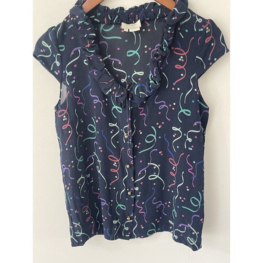 Kate Spade Live Colorfully Womens XS Confetti 100% Sillk Shirt Blue Gold Button